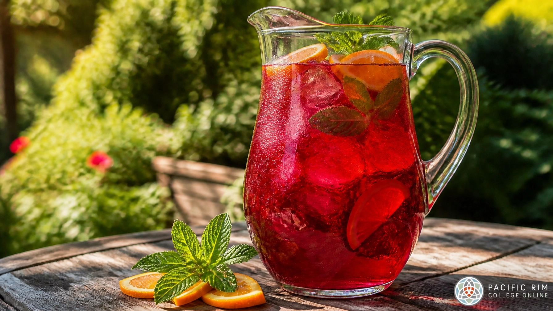 A beautiful jug of hibiscus and orange herbal infusion ready to help alleviate summer health concerns.
